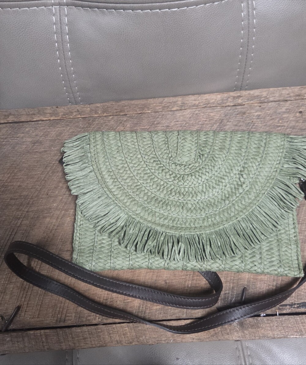 Sundance Olive Green Woven Raffia Fringe Crossbody Clutch Bag Removable Strap